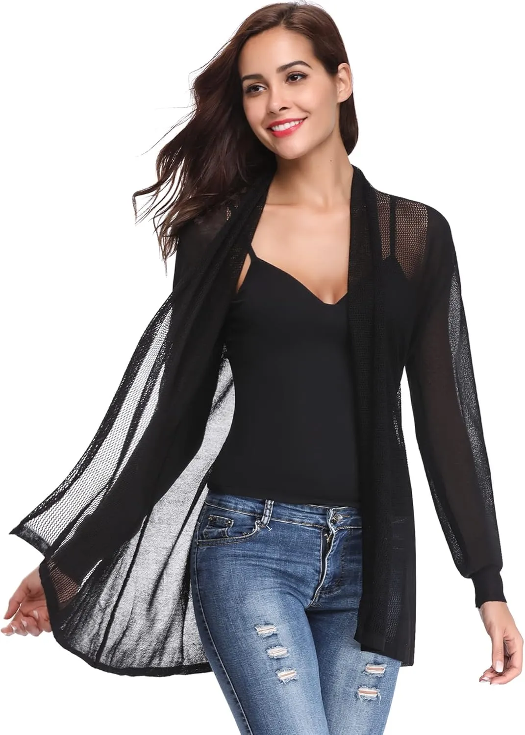Totatuit Womens Summer Lightweight Sheer Kimono Cardigan Long Sleeve Open Front Knit Sweater Loose Cover Up Casual Blouse Top