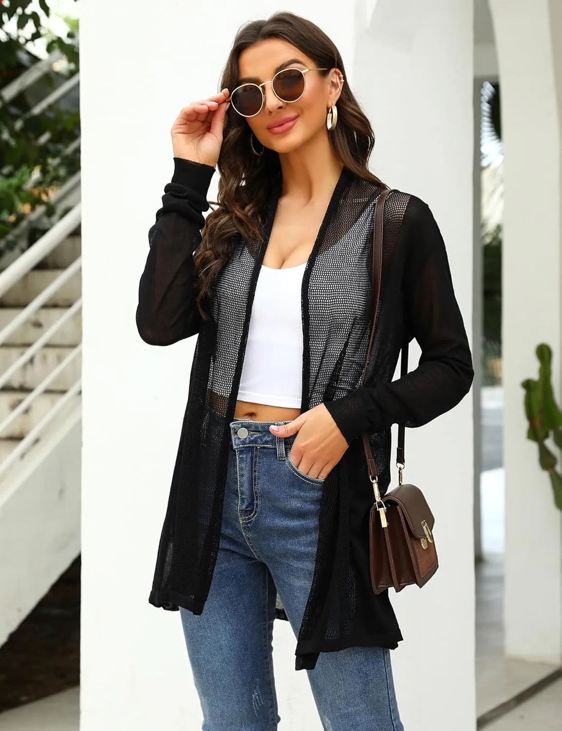 Totatuit Womens Summer Lightweight Sheer Kimono Cardigan Long Sleeve Open Front Knit Sweater Loose Cover Up Casual Blouse Top