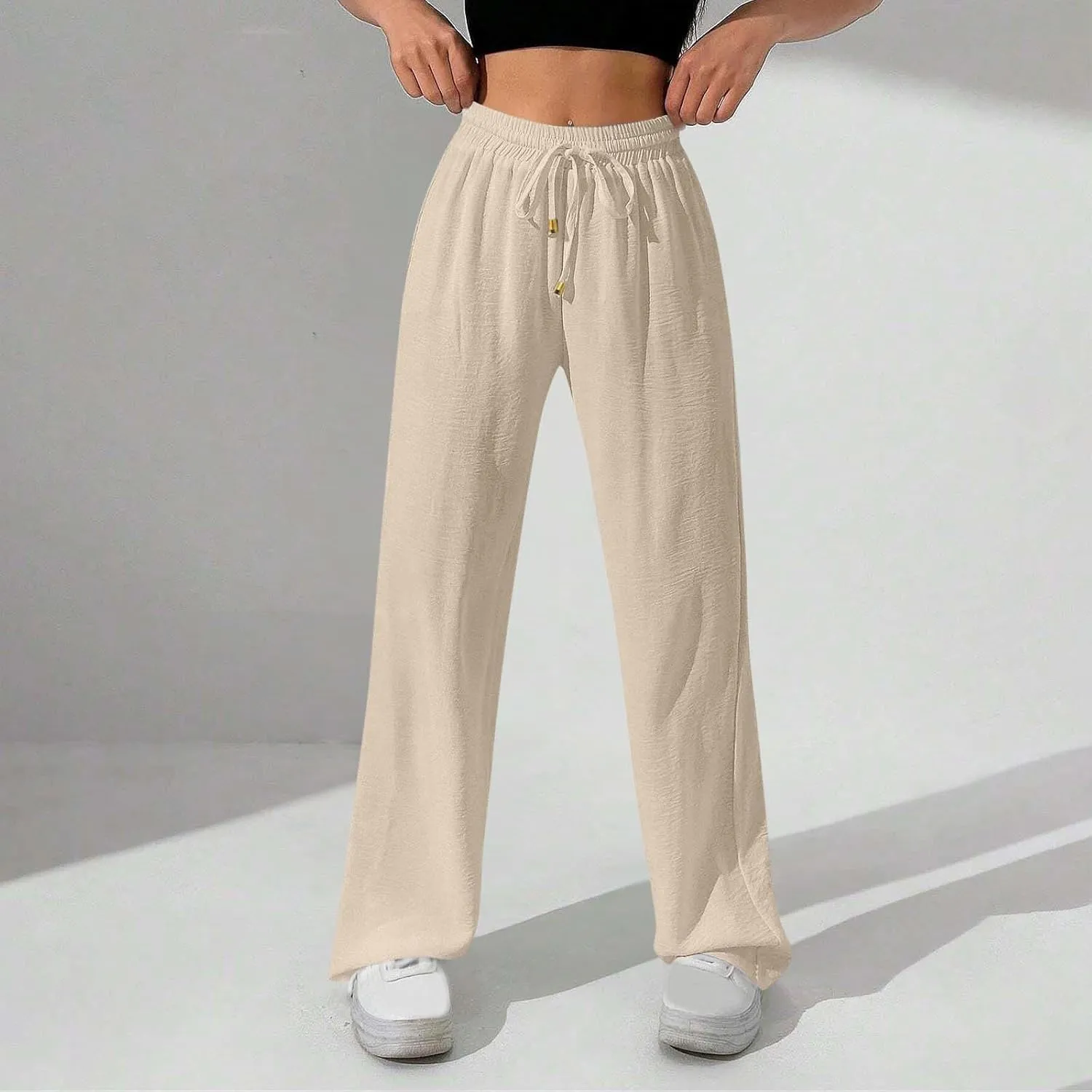 Wide Leg Pants for Women Elastic High Waist Drawstring Baggy Trousers Solid Color Loose Fit Flowy Beach Palazzo Pant