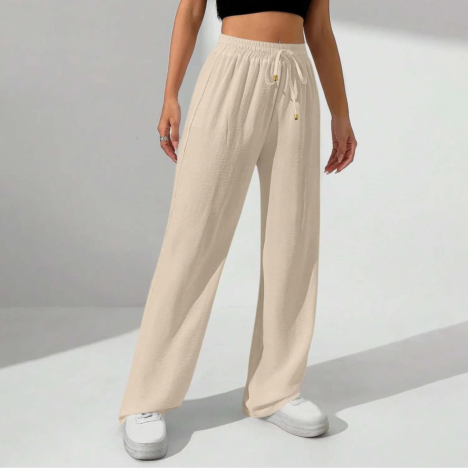 Wide Leg Pants for Women Elastic High Waist Drawstring Baggy Trousers Solid Color Loose Fit Flowy Beach Palazzo Pant