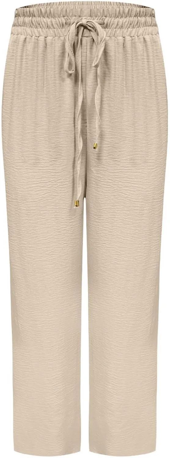 Wide Leg Pants for Women Elastic High Waist Drawstring Baggy Trousers Solid Color Loose Fit Flowy Beach Palazzo Pant