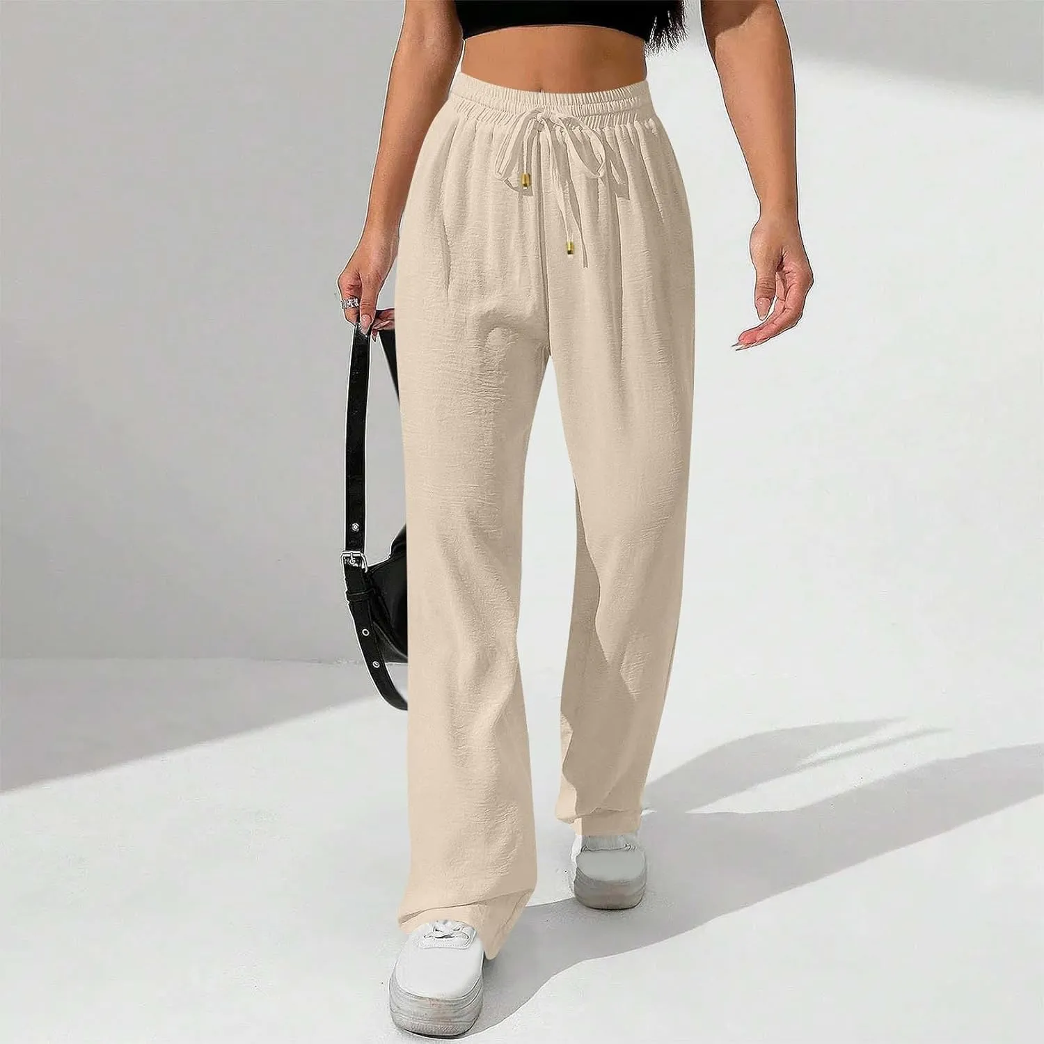Wide Leg Pants for Women Elastic High Waist Drawstring Baggy Trousers Solid Color Loose Fit Flowy Beach Palazzo Pant