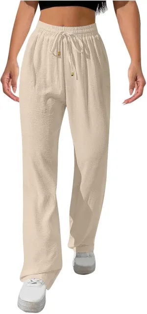 Wide Leg Pants for Women Elastic High Waist Drawstring Baggy Trousers Solid Color Loose Fit Flowy Beach Palazzo Pant