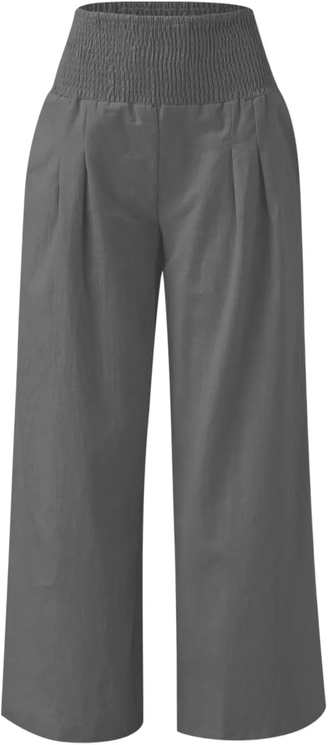 Women Linen Palazzo Pants Summer Wide Leg High Waist Trousers Casual Lounge Pant 2025 Beach Travel Vacation Outfits