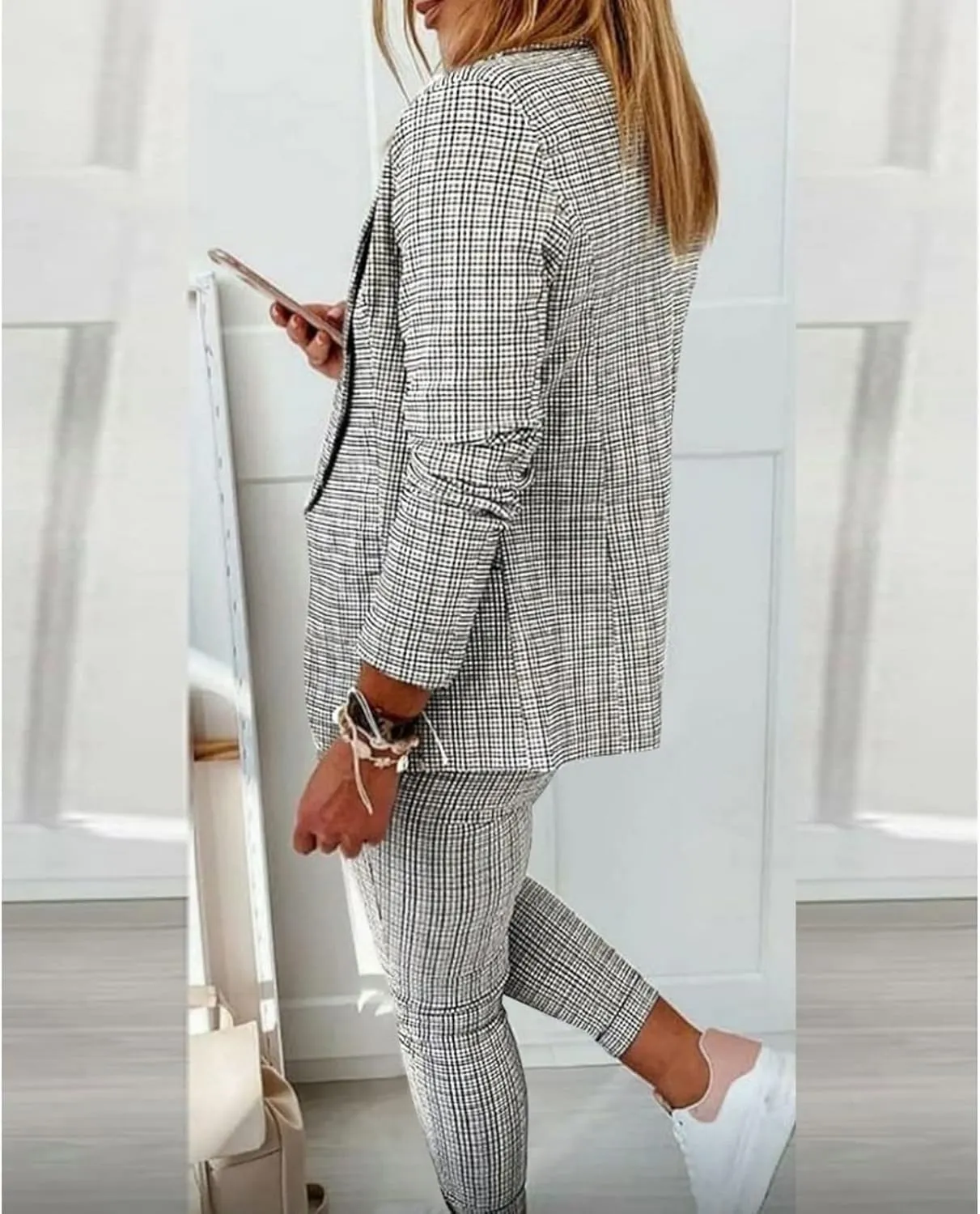 Women's 2 Piece Casual Blazers Open Front Long Sleeve Work Office Jackets and Pencil Pants Business Office Suit Set