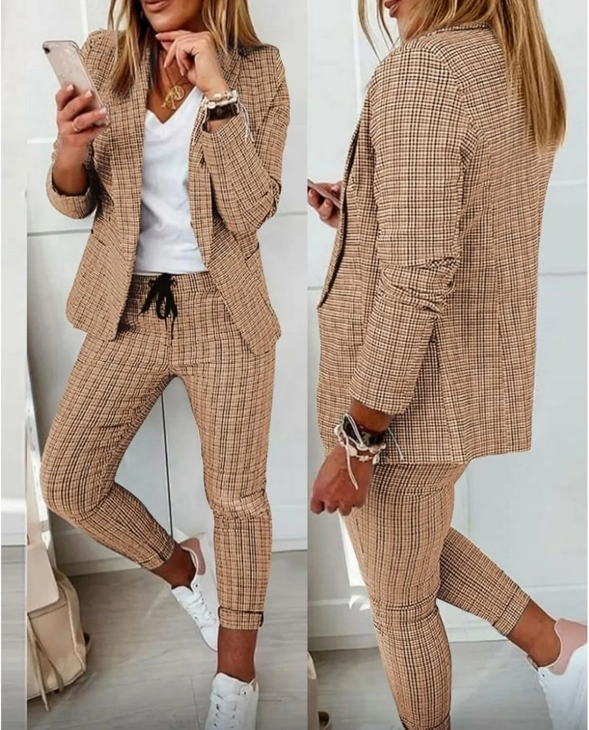 Women's 2 Piece Casual Blazers Open Front Long Sleeve Work Office Jackets and Pencil Pants Business Office Suit Set