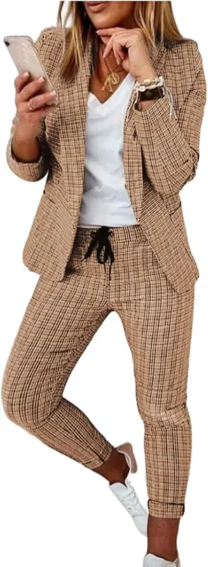 Women's 2 Piece Casual Blazers Open Front Long Sleeve Work Office Jackets and Pencil Pants Business Office Suit Set