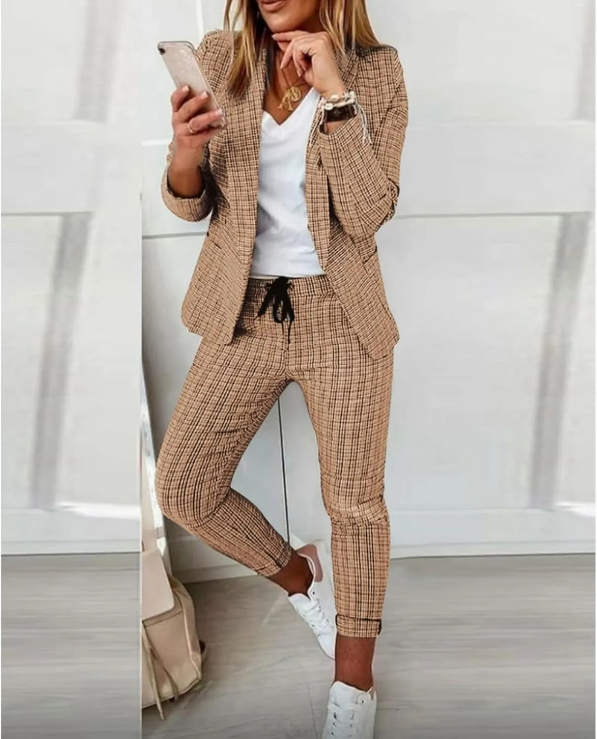 Women's 2 Piece Casual Blazers Open Front Long Sleeve Work Office Jackets and Pencil Pants Business Office Suit Set