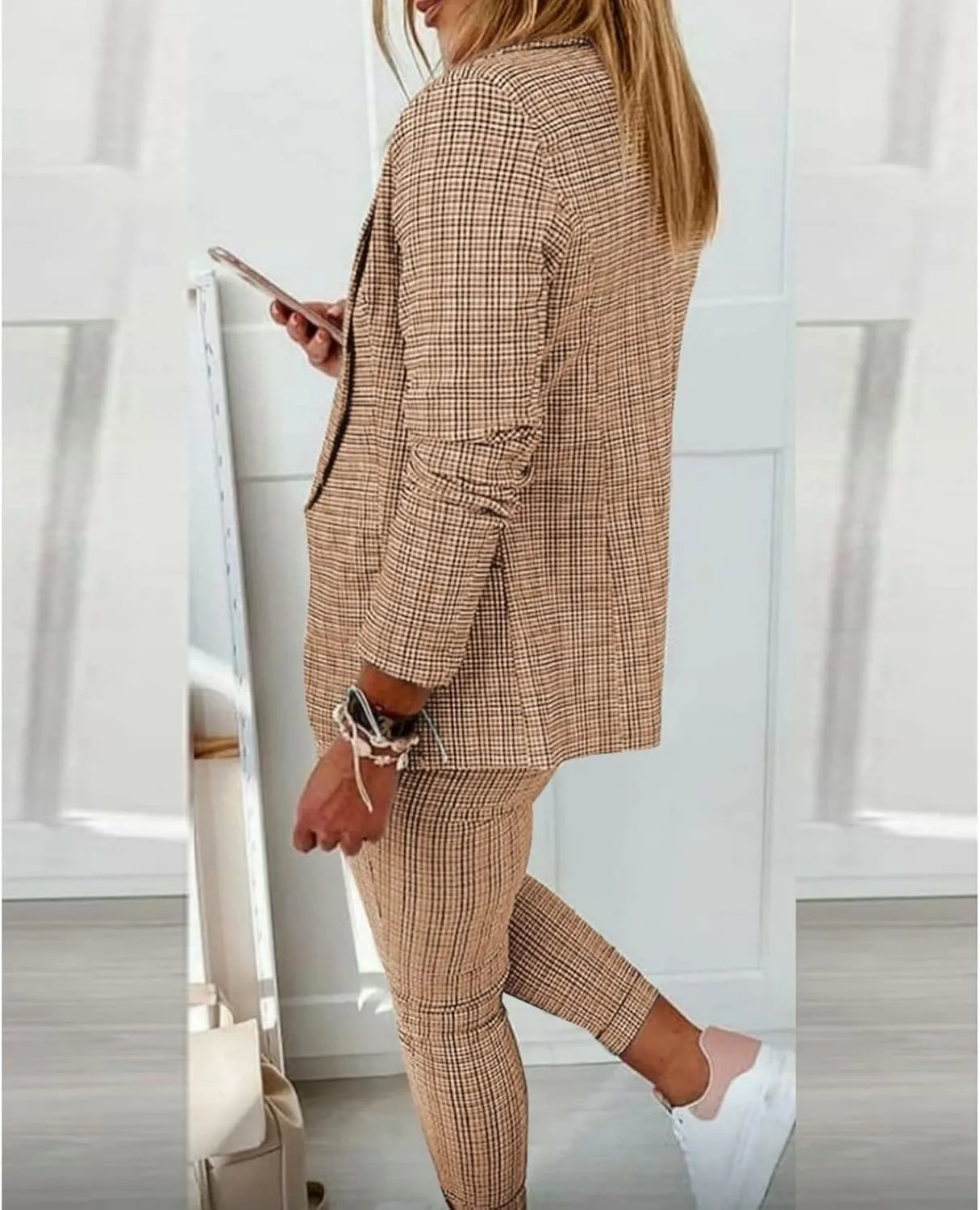 Women's 2 Piece Casual Blazers Open Front Long Sleeve Work Office Jackets and Pencil Pants Business Office Suit Set