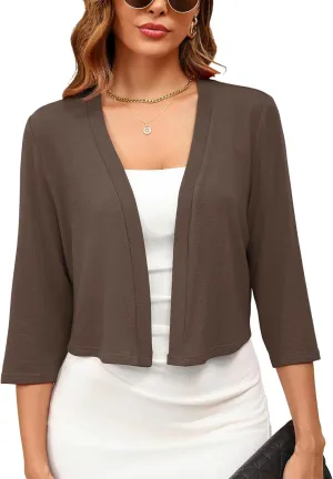 Women's 3/4 Sleeve Thin Shrugs Lightweight Open Front Cropped Cardigan for Women