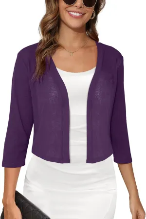 Women's 3/4 Sleeve Thin Shrugs Lightweight Open Front Cropped Sheer Cardigans for Summer