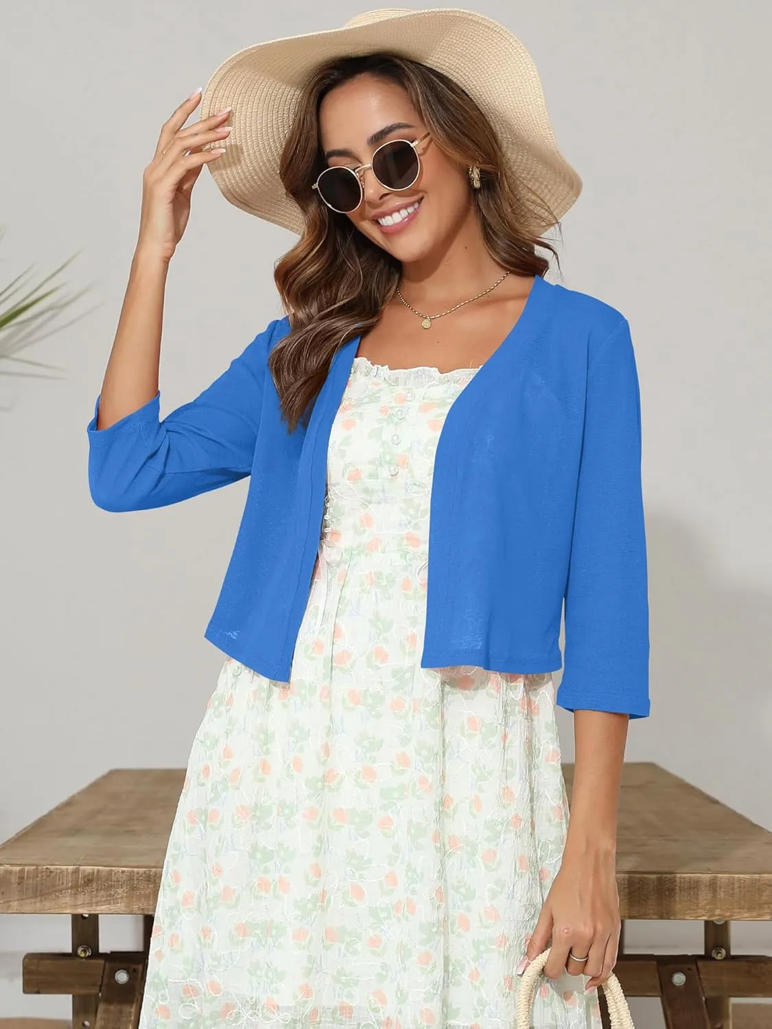 Women's 3/4 Sleeve Thin Shrugs Lightweight Open Front Cropped Sheer Cardigans for Summer
