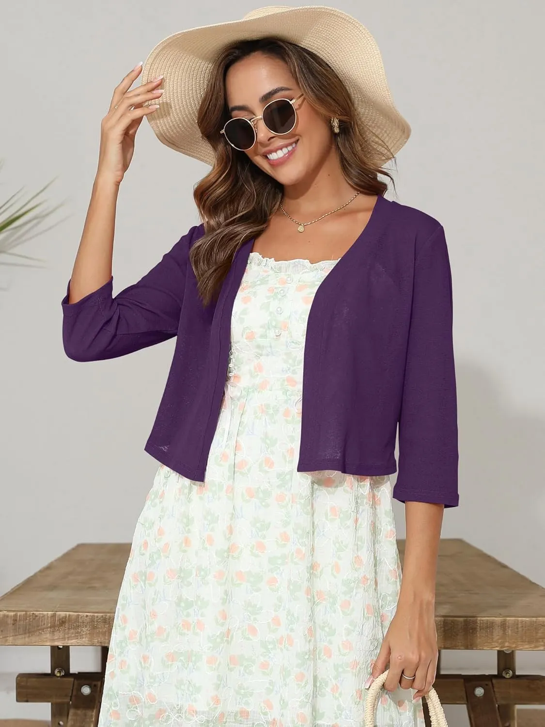 Women's 3/4 Sleeve Thin Shrugs Lightweight Open Front Cropped Sheer Cardigans for Summer