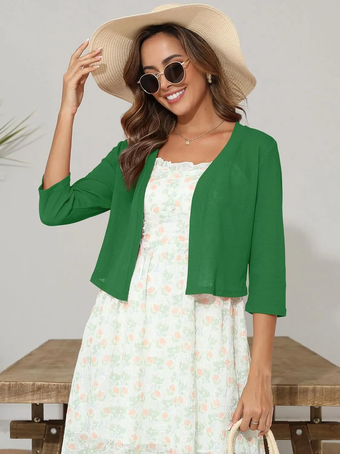 Women's 3/4 Sleeve Thin Shrugs Lightweight Open Front Cropped Sheer Cardigans for Summer