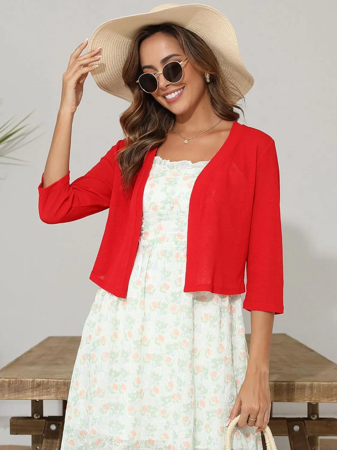Women's 3/4 Sleeve Thin Shrugs Lightweight Open Front Cropped Sheer Cardigans for Summer