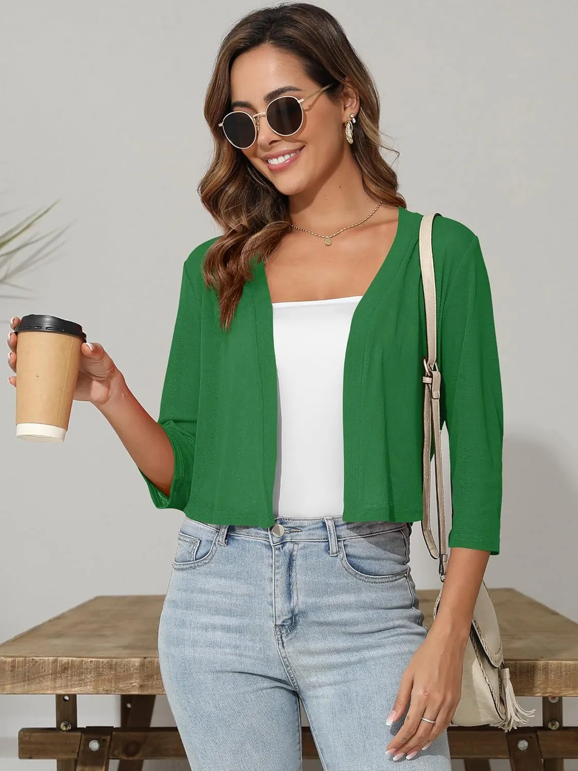 Women's 3/4 Sleeve Thin Shrugs Lightweight Open Front Cropped Sheer Cardigans for Summer