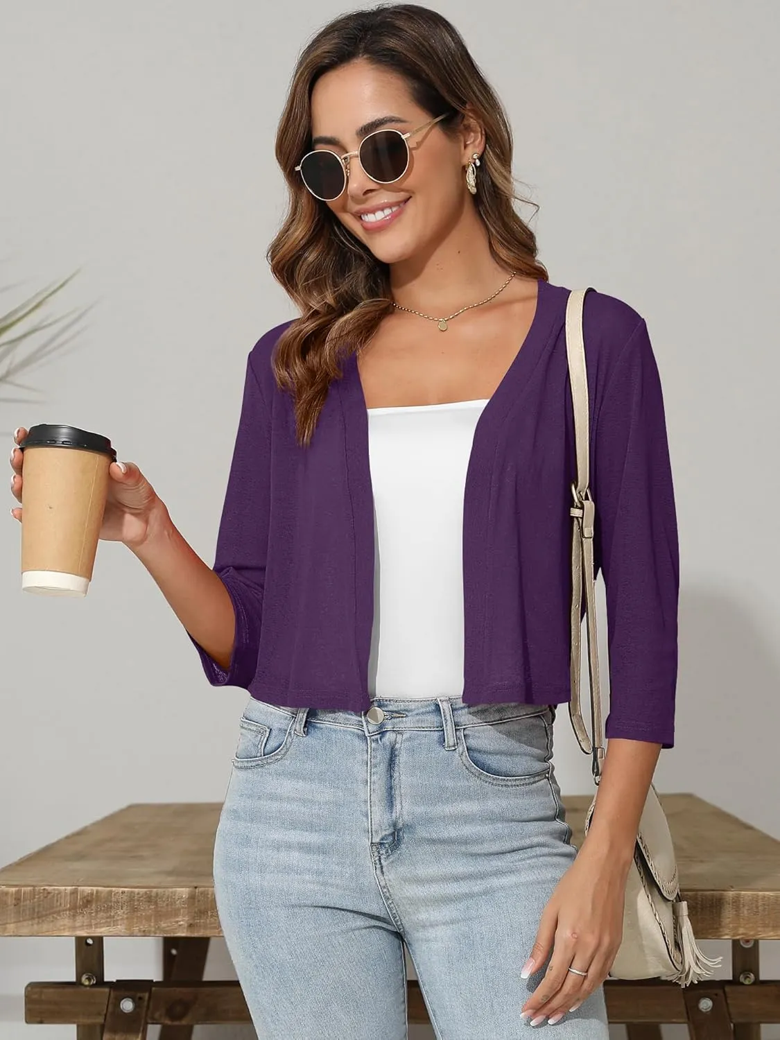 Women's 3/4 Sleeve Thin Shrugs Lightweight Open Front Cropped Sheer Cardigans for Summer