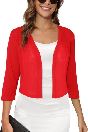 Women's 3/4 Sleeve Thin Shrugs Lightweight Open Front Cropped Sheer Cardigans for Summer