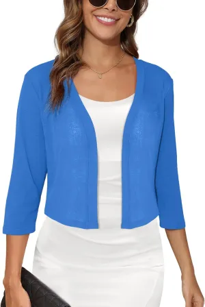 Women's 3/4 Sleeve Thin Shrugs Lightweight Open Front Cropped Sheer Cardigans for Summer