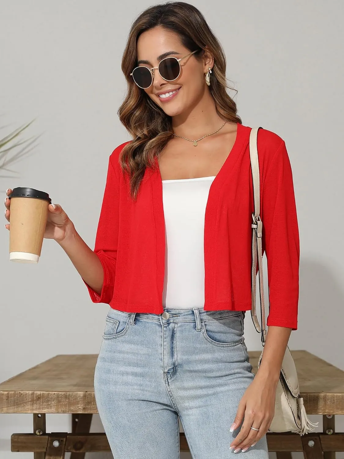 Women's 3/4 Sleeve Thin Shrugs Lightweight Open Front Cropped Sheer Cardigans for Summer
