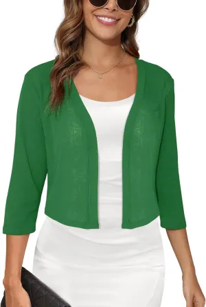 Women's 3/4 Sleeve Thin Shrugs Lightweight Open Front Cropped Sheer Cardigans for Summer
