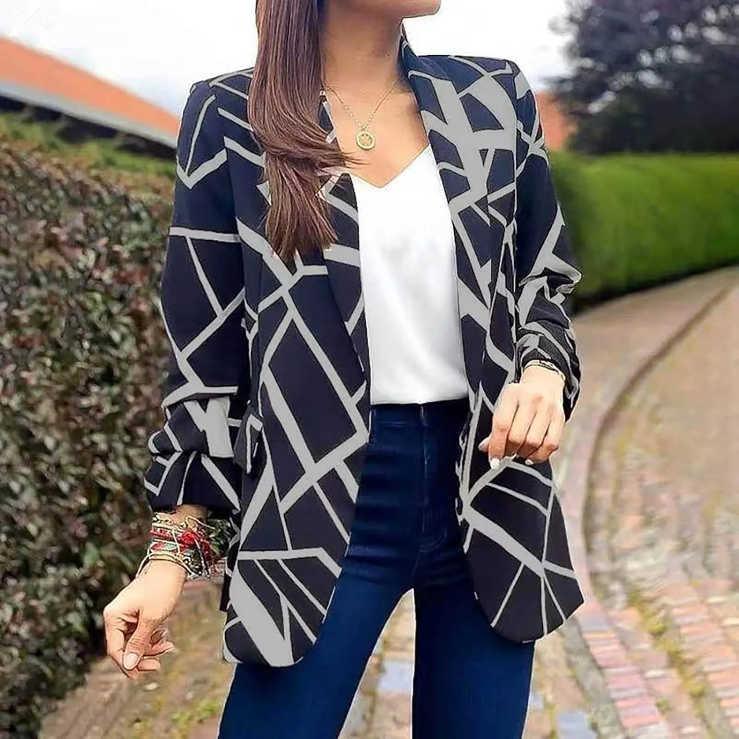Womens Blazers Fashion Dressy Plaid Print Jackets Blazer Business Office Open Front Jacket Professional Clothes