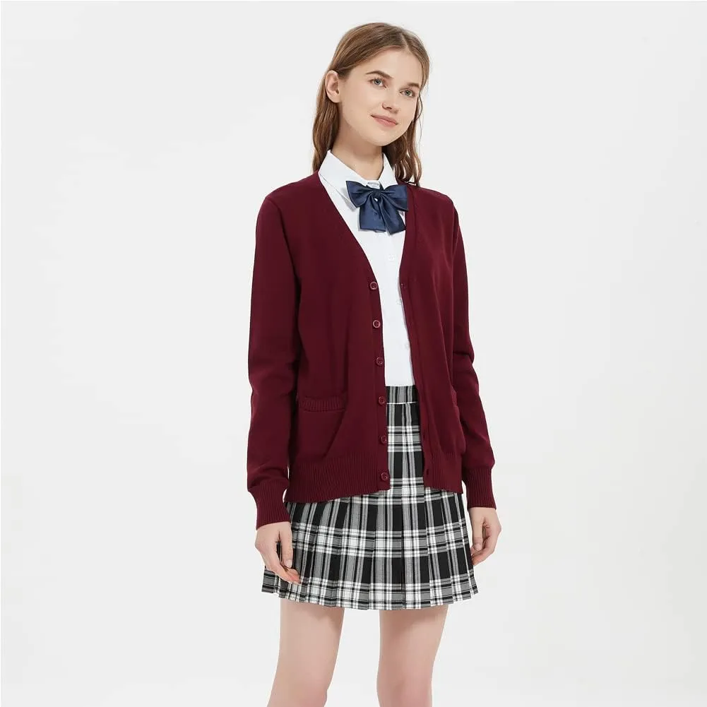 Women's Cardigan School Uniform Sweater V Neck Button Down Knit Cardigans Coat with Pockets