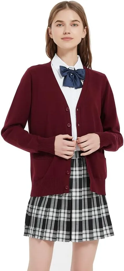 Women's Cardigan School Uniform Sweater V Neck Button Down Knit Cardigans Coat with Pockets