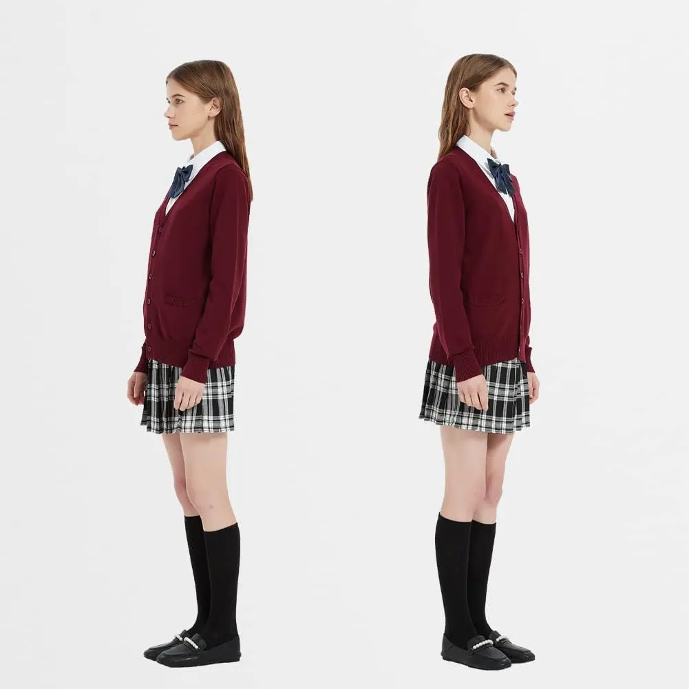 Women's Cardigan School Uniform Sweater V Neck Button Down Knit Cardigans Coat with Pockets
