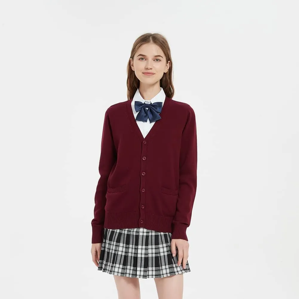 Women's Cardigan School Uniform Sweater V Neck Button Down Knit Cardigans Coat with Pockets