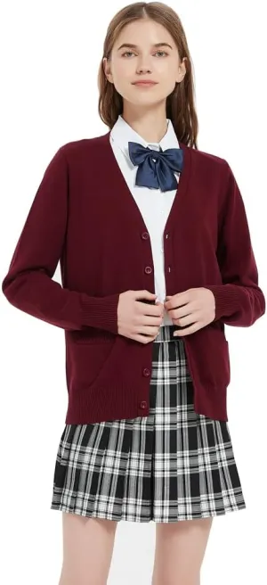 Women's Cardigan School Uniform Sweater V Neck Button Down Knit Cardigans Coat with Pockets