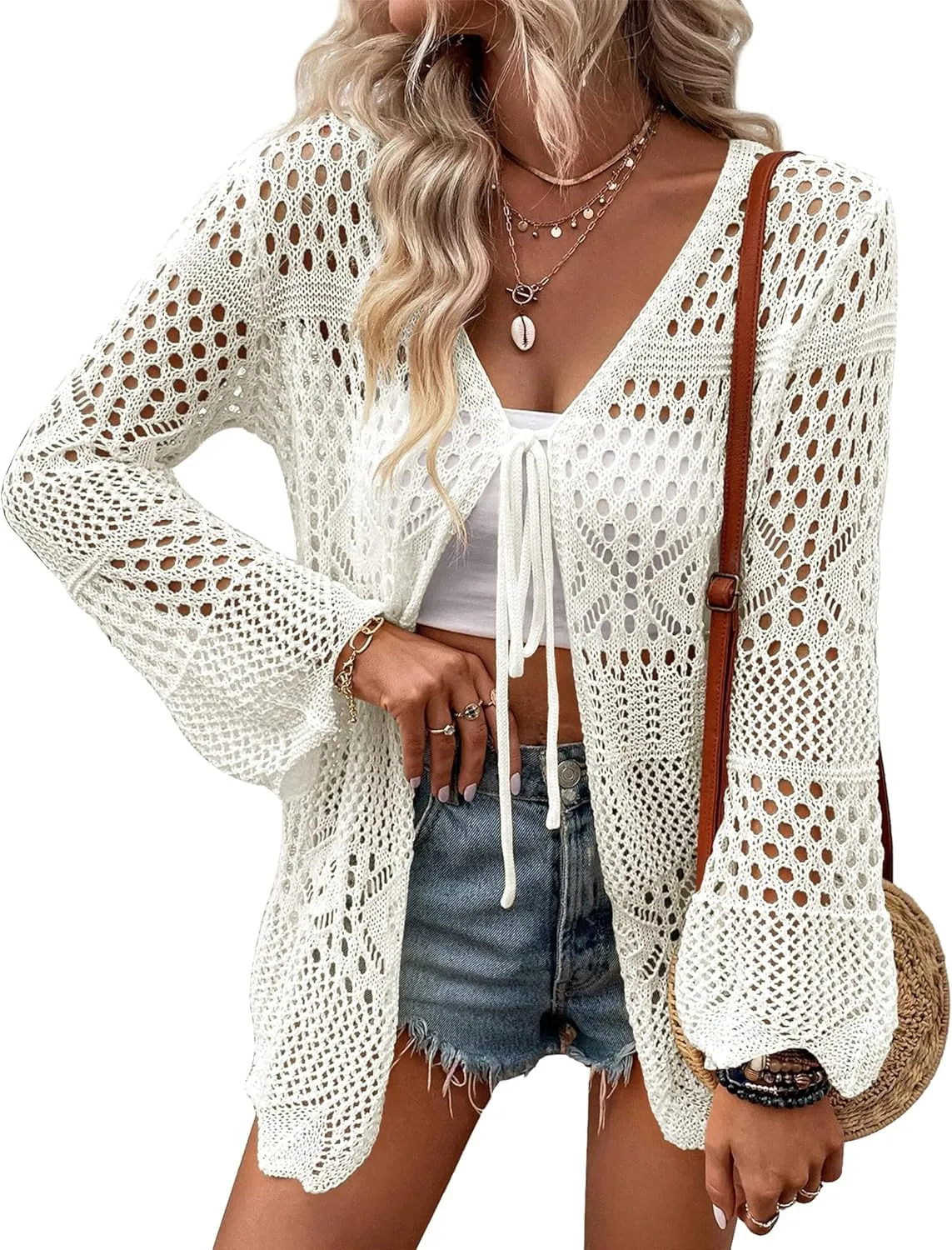 Women's Crochet Cardigan Light Weight Long Sleeve Tie Front Hollow Out Thin Cardigan