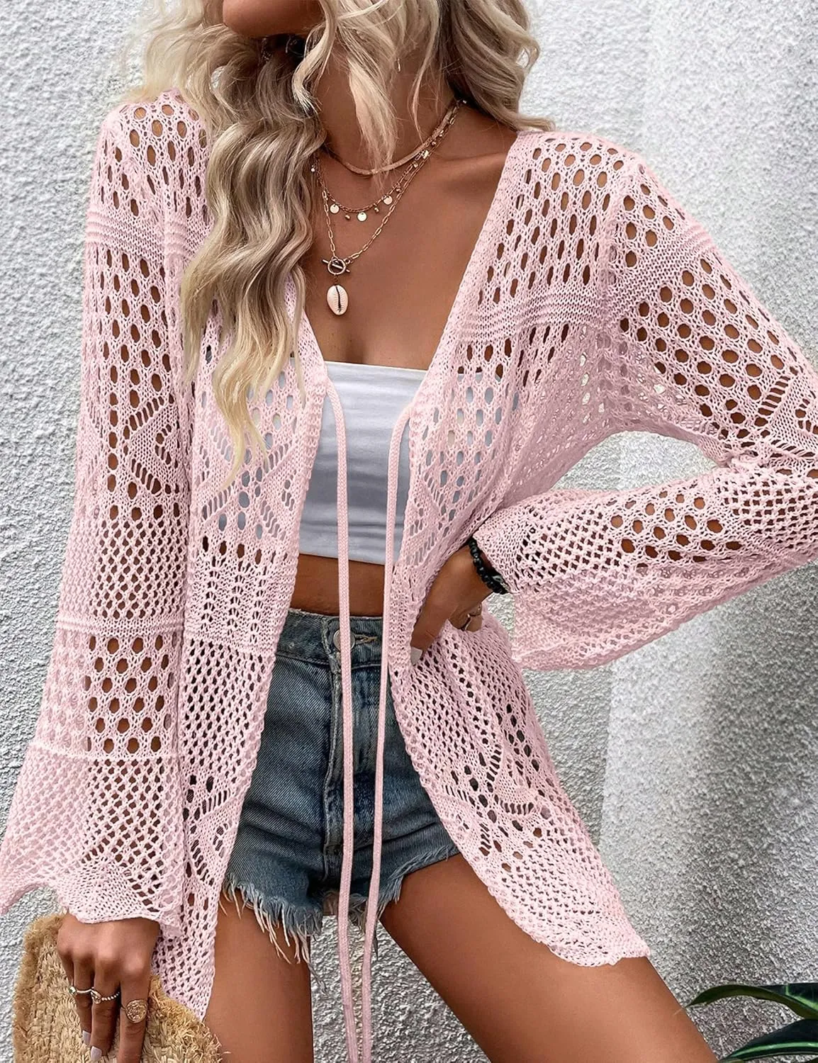 Women's Crochet Cardigan Light Weight Long Sleeve Tie Front Hollow Out Thin Cardigan