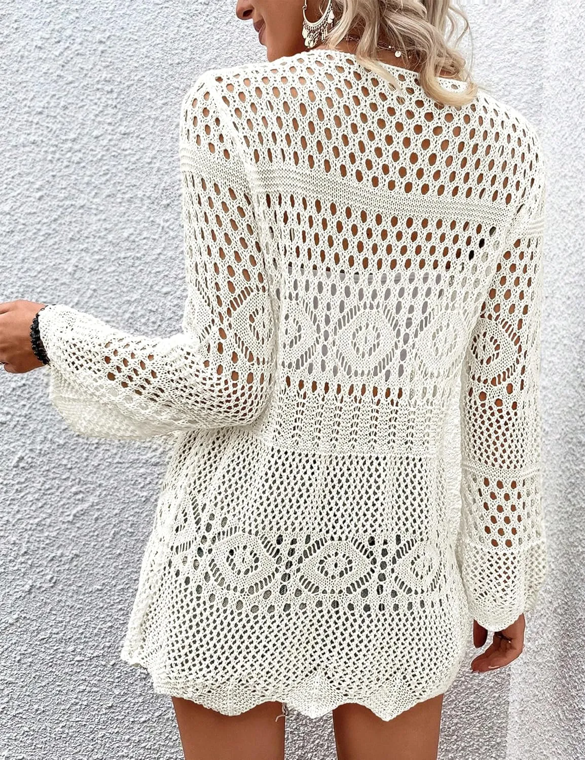 Women's Crochet Cardigan Light Weight Long Sleeve Tie Front Hollow Out Thin Cardigan