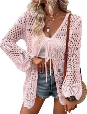 Women's Crochet Cardigan Light Weight Long Sleeve Tie Front Hollow Out Thin Cardigan