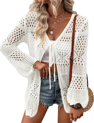 Women's Crochet Cardigan Light Weight Long Sleeve Tie Front Hollow Out Thin Cardigan