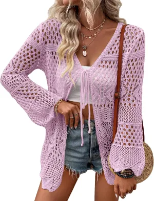 Women's Crochet Cardigan Light Weight Long Sleeve Tie Front Hollow Out Thin Cardigan