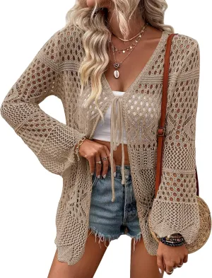 Women's Crochet Cardigan Light Weight Long Sleeve Tie Front Hollow Out Thin Cardigan