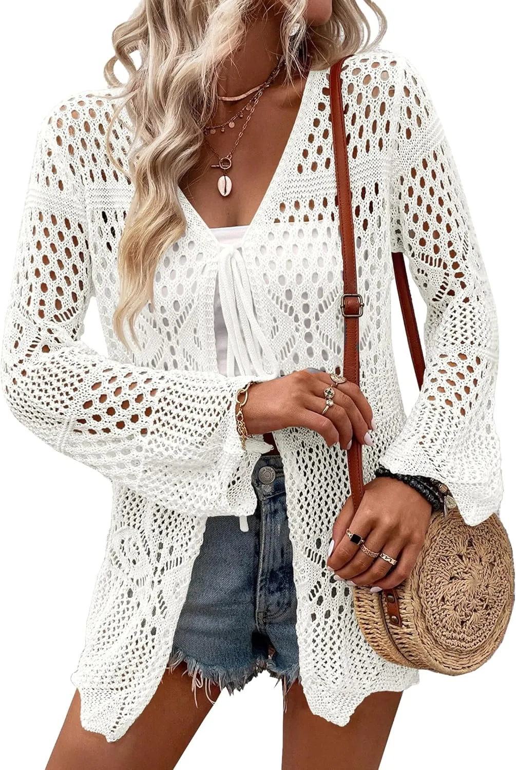 Women's Crochet Cardigan Light Weight Long Sleeve Tie Front Hollow Out Thin Cardigan