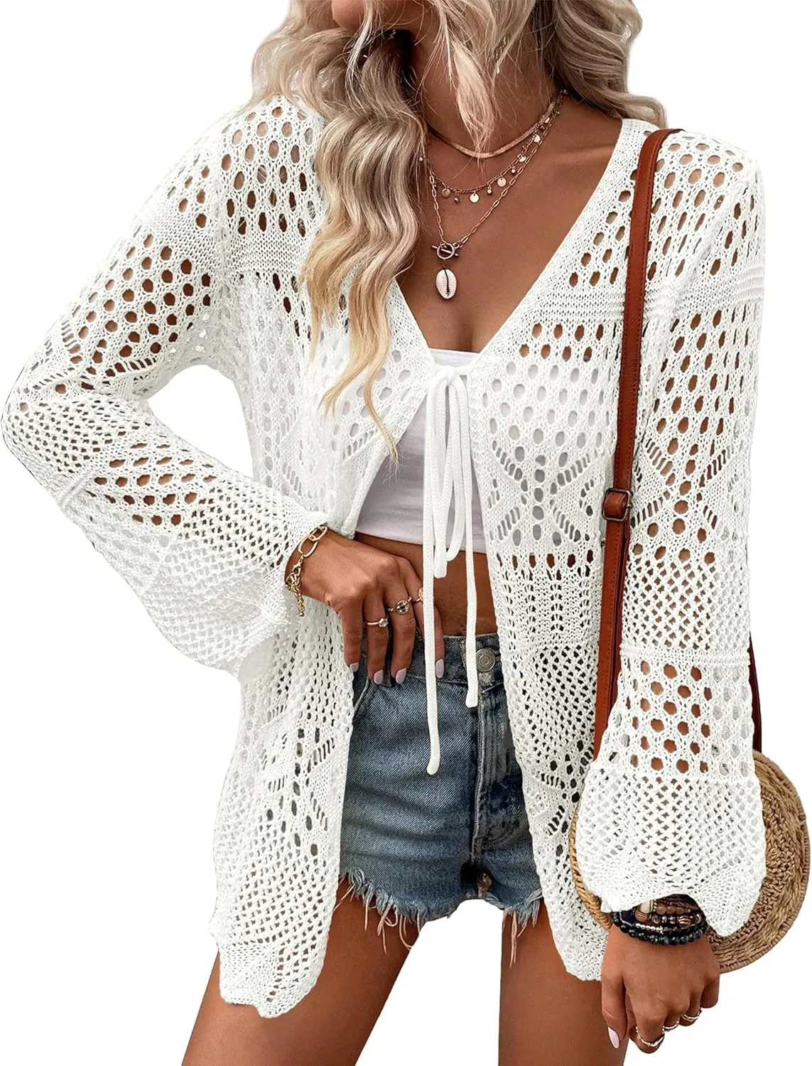Women's Crochet Cardigan Light Weight Long Sleeve Tie Front Hollow Out Thin Cardigan