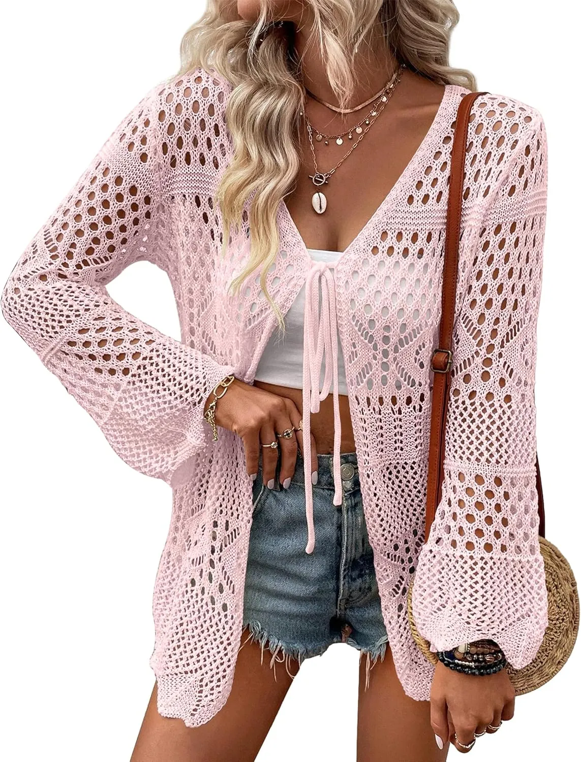 Women's Crochet Cardigan Light Weight Long Sleeve Tie Front Hollow Out Thin Cardigan