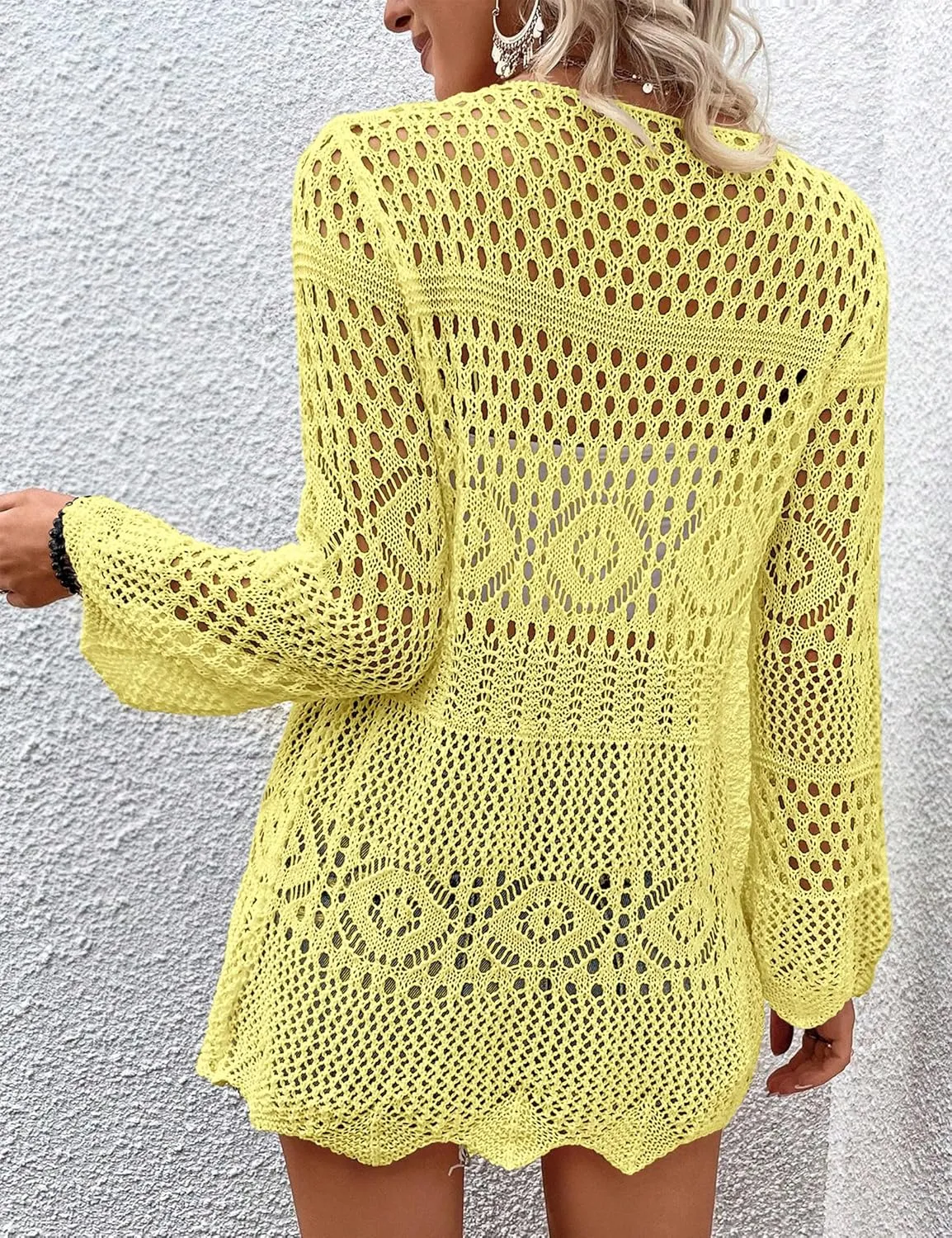 Women's Crochet Cardigan Light Weight Long Sleeve Tie Front Hollow Out Thin Cardigan