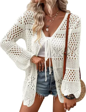 Women's Crochet Cardigan Light Weight Long Sleeve Tie Front Hollow Out Thin Cardigan