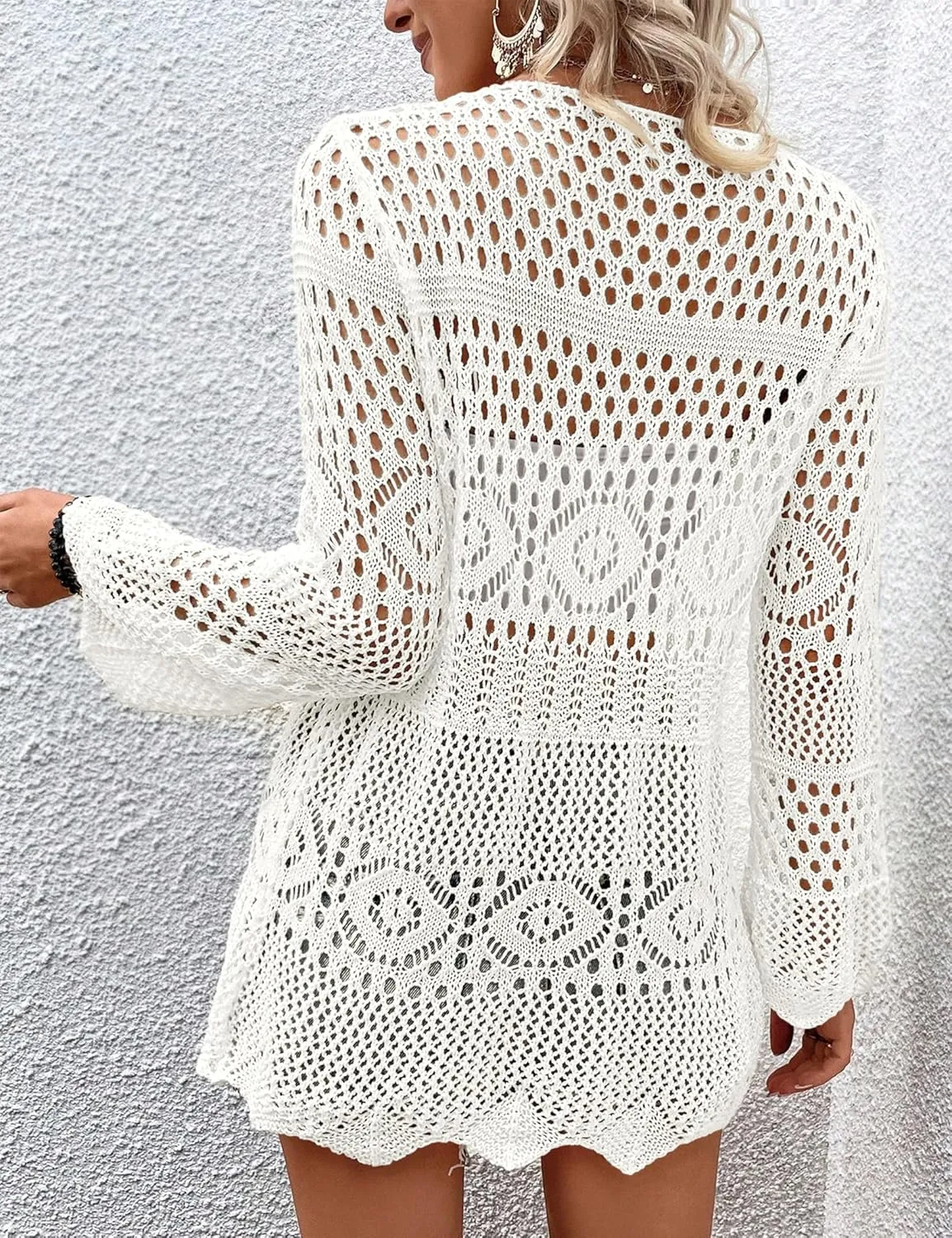 Women's Crochet Cardigan Light Weight Long Sleeve Tie Front Hollow Out Thin Cardigan