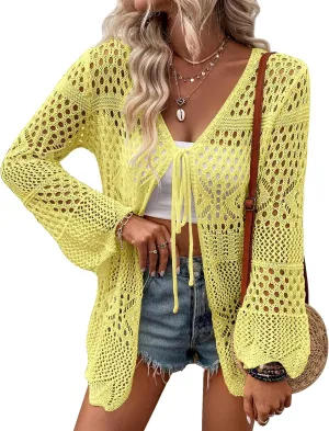 Women's Crochet Cardigan Light Weight Long Sleeve Tie Front Hollow Out Thin Cardigan