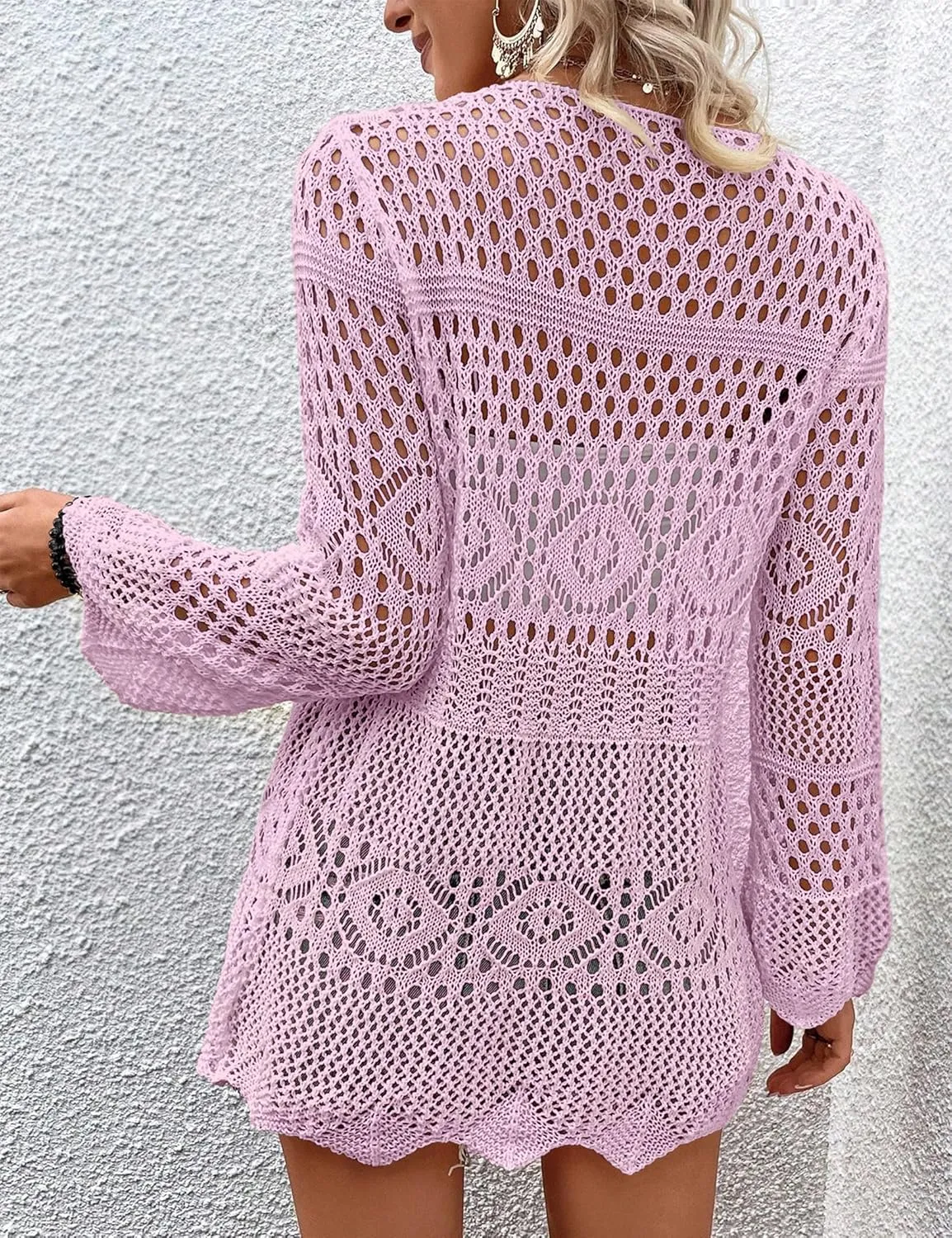 Women's Crochet Cardigan Light Weight Long Sleeve Tie Front Hollow Out Thin Cardigan