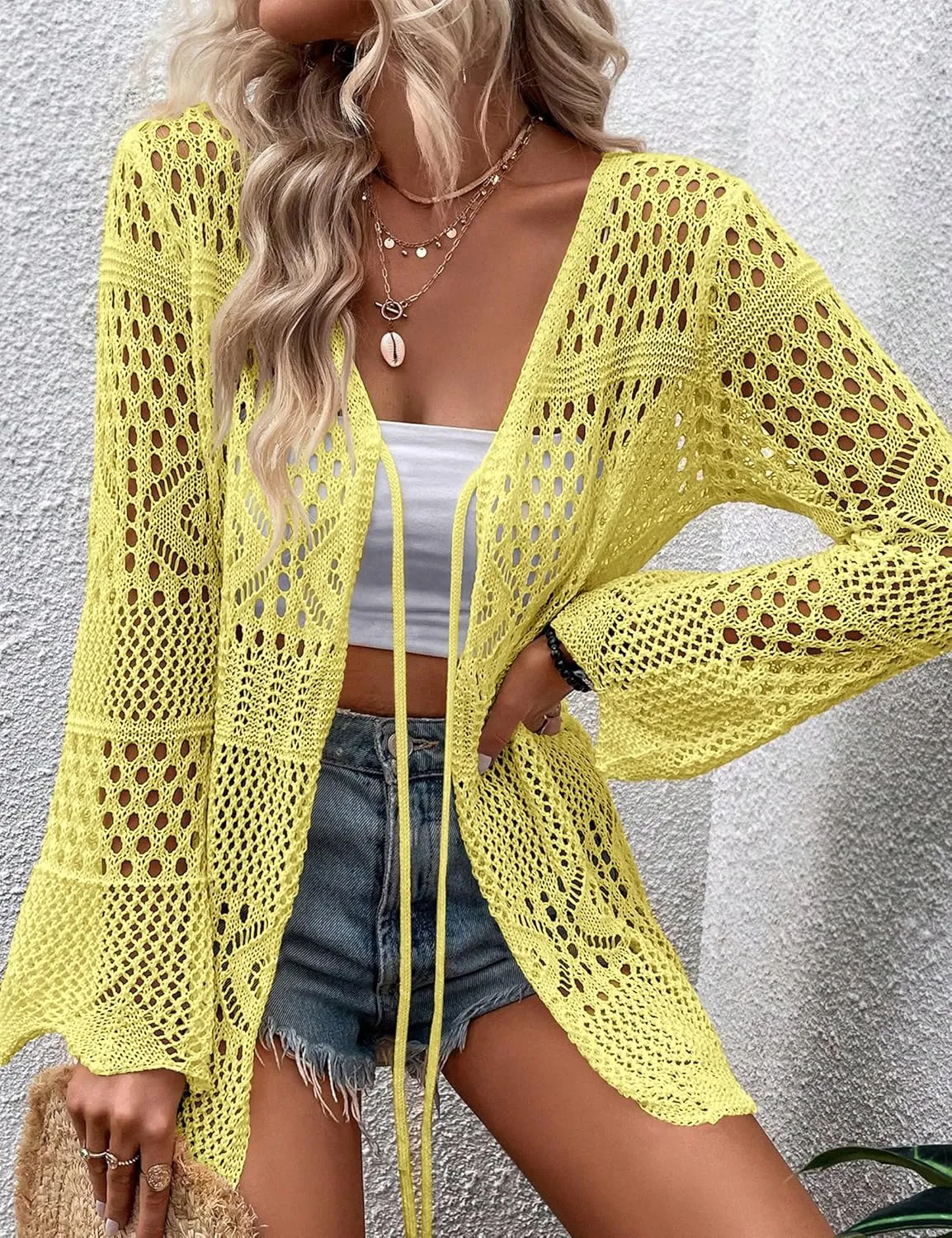 Women's Crochet Cardigan Light Weight Long Sleeve Tie Front Hollow Out Thin Cardigan
