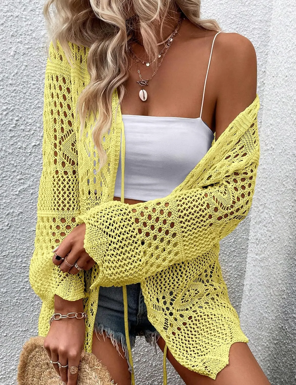 Women's Crochet Cardigan Light Weight Long Sleeve Tie Front Hollow Out Thin Cardigan