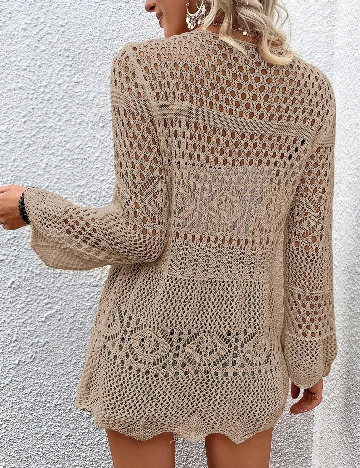 Women's Crochet Cardigan Light Weight Long Sleeve Tie Front Hollow Out Thin Cardigan