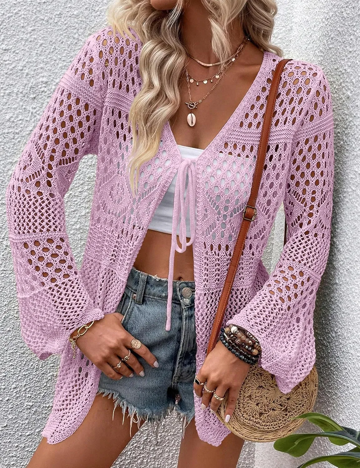 Women's Crochet Cardigan Light Weight Long Sleeve Tie Front Hollow Out Thin Cardigan